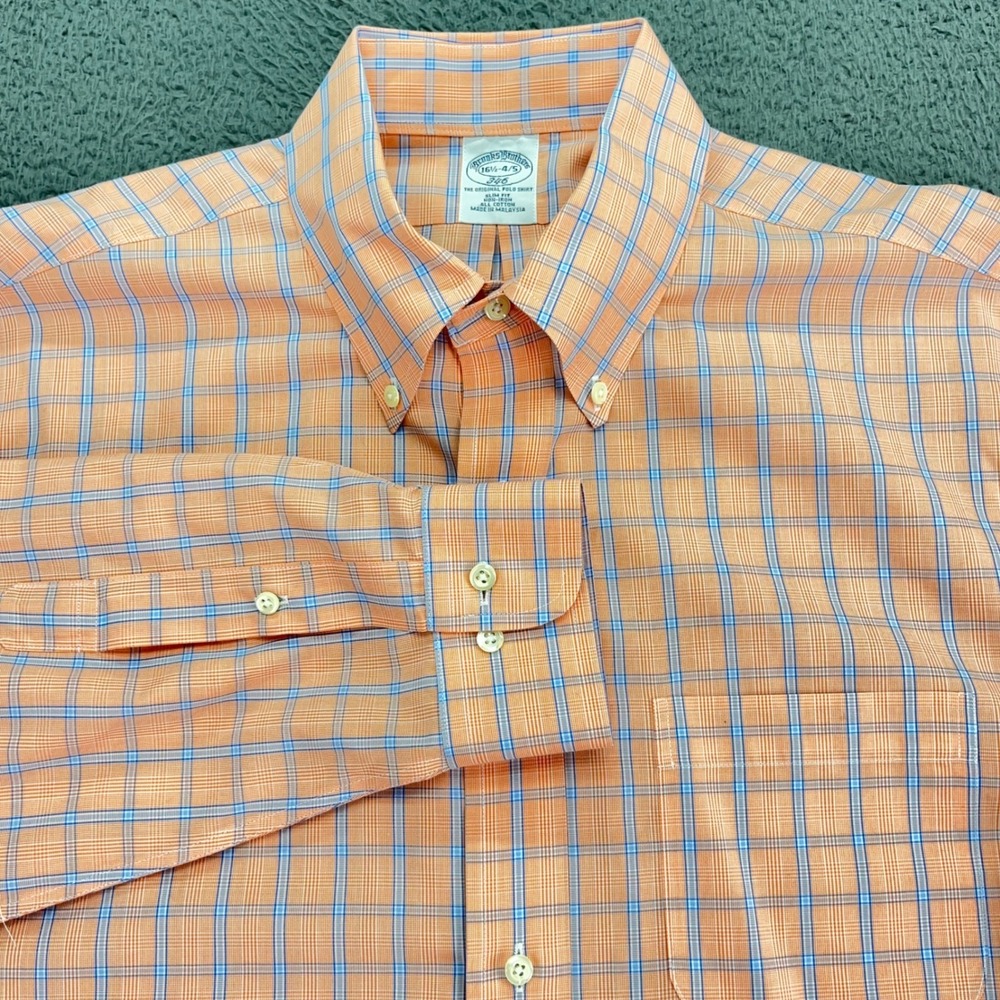 Brooks Brothers 346 Slim Fit Button Down Shirt Men 16 1/2 Coral Blue Plaid